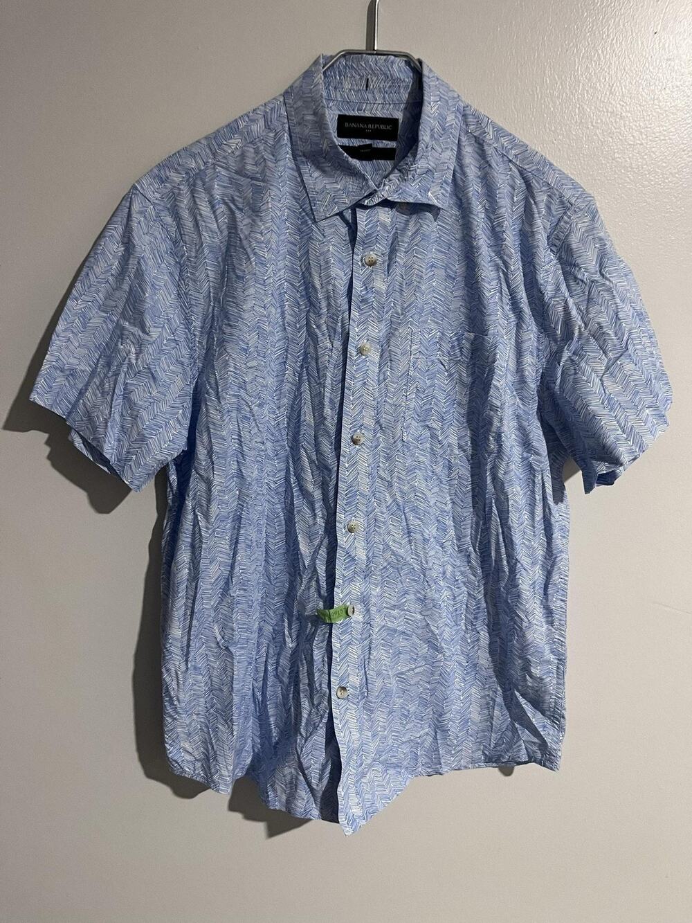 Banana Republic Shirt Mens M Blue Short Sleeve Button-Up Herringbone Slim Fit